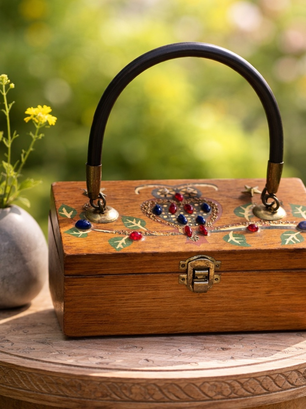 Vintage Embellished Wooden Box Handbag in Brown with Multicolor Gem Accents and